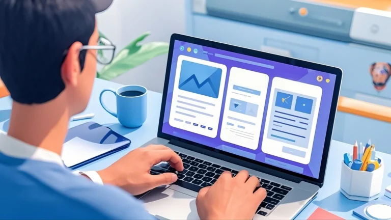 Person designing a website on a laptop with a modern website layout on the screen